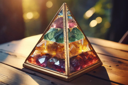 Orgonite pyramid with natural crystals placed on wooden table in daylight.