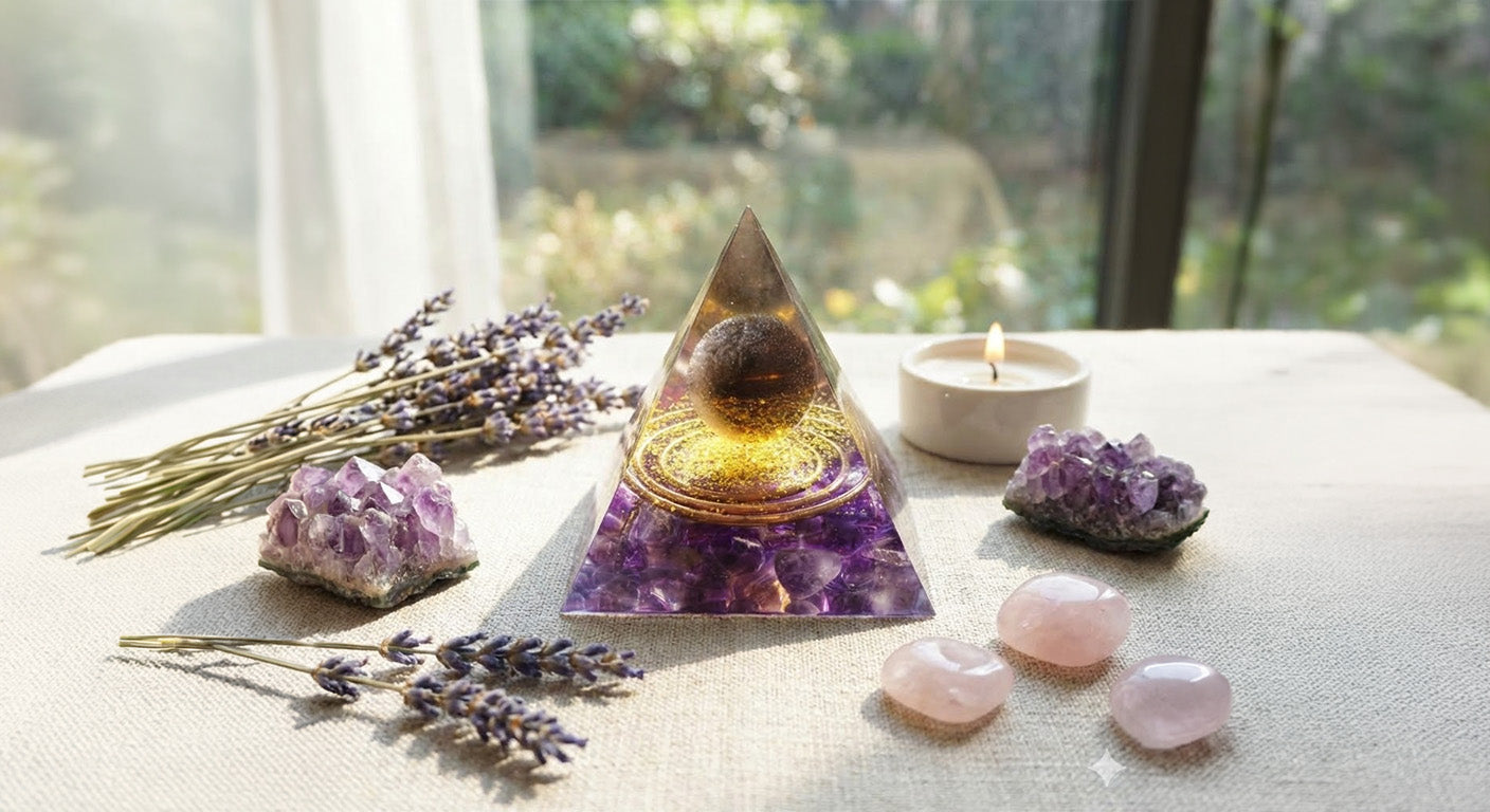 A handcrafted amethyst orgonite pyramid with a golden sphere center on a natural wooden table, surrounded by lavender and healing crystals for chakra healing and energy restoration.