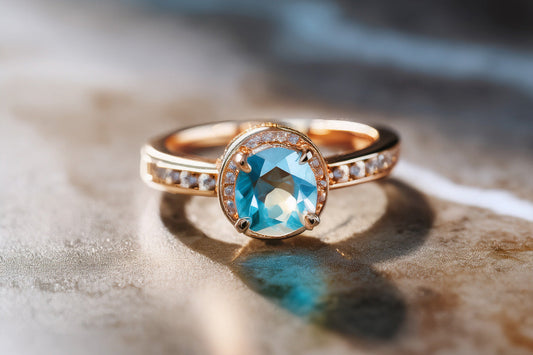 Blue, imperial, and pink topaz gemstones displayed together in natural light.