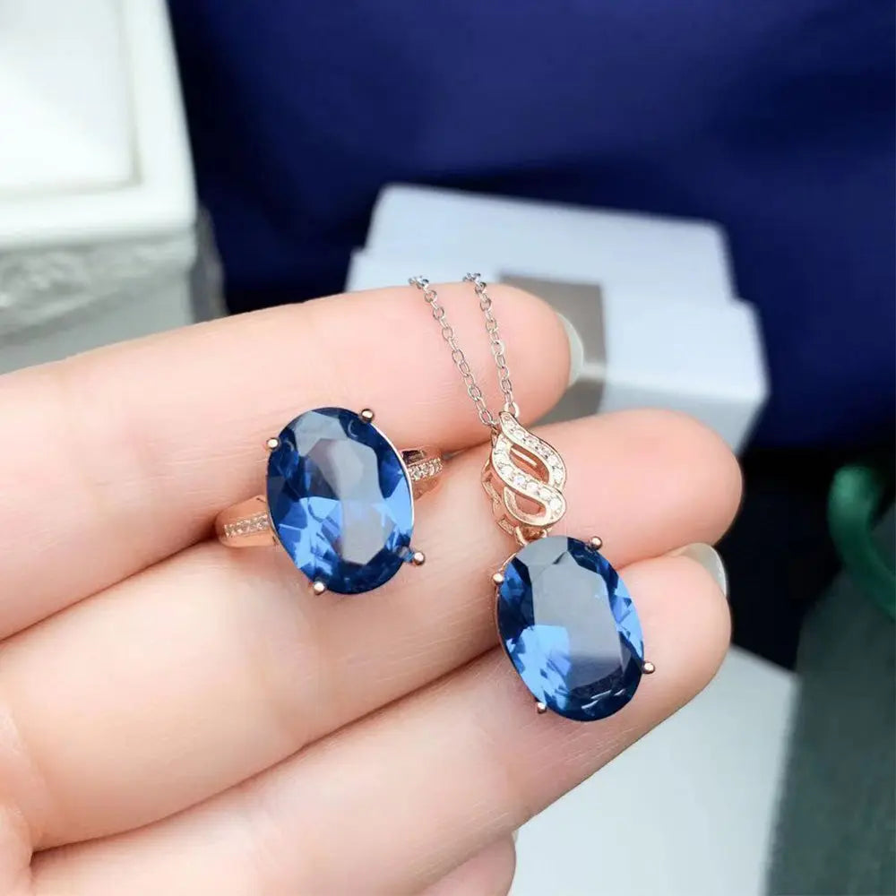 Blue Topaz Gemstone Jewelry Set – Pendant and Oval Ring - Gems Ritual