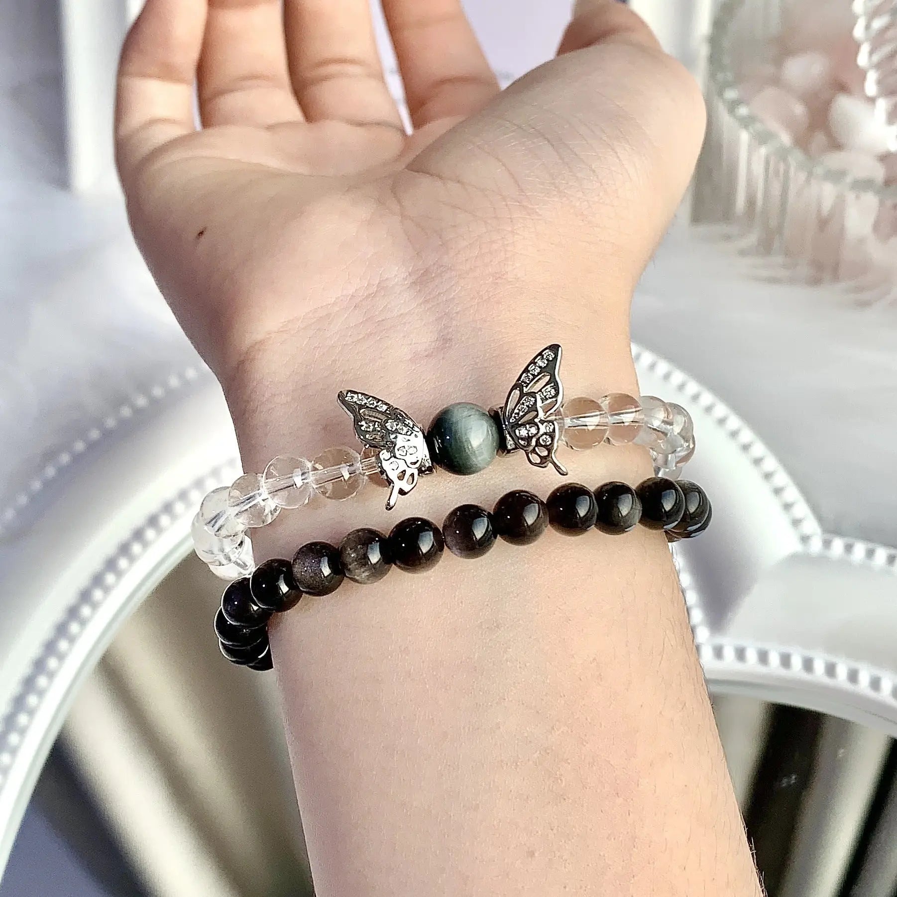Yin Yang Bracelet – Black & White Natural Crystal Beads - Gems Ritual
