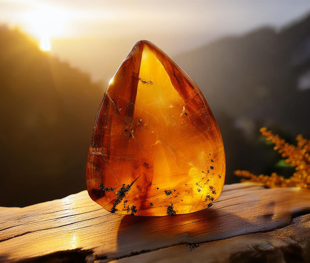 Amber gemstone with a golden glow, symbolizing warmth, vitality, and protection, connecting to nature and the ancient world for balance and harmony.