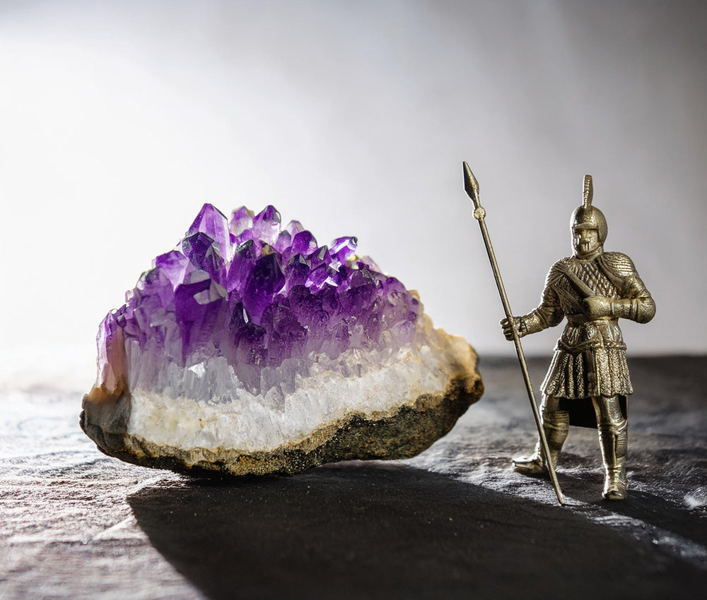 Amethyst gemstone with a rich history, used by ancient Greeks to prevent intoxication, Egyptians for protection, and medieval soldiers for courage and clarity.