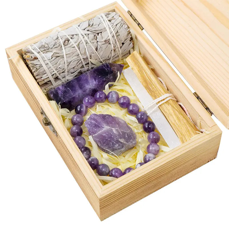 Mystical Healing Crystal Box with Amethyst and Rose Quartz Essentials - Gems Ritual