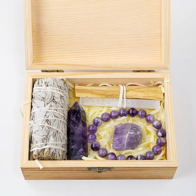 Mystical Healing Crystal Box with Amethyst and Rose Quartz Essentials - Gems Ritual