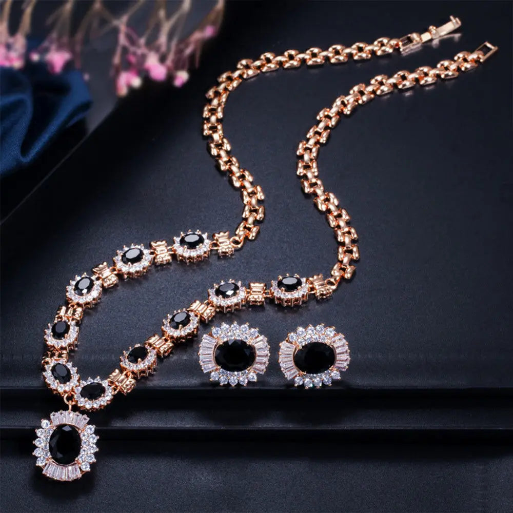 Elegant Luxury Retro Necklace and Earrings Set with Sparkling Zircon Stones Gems Ritual