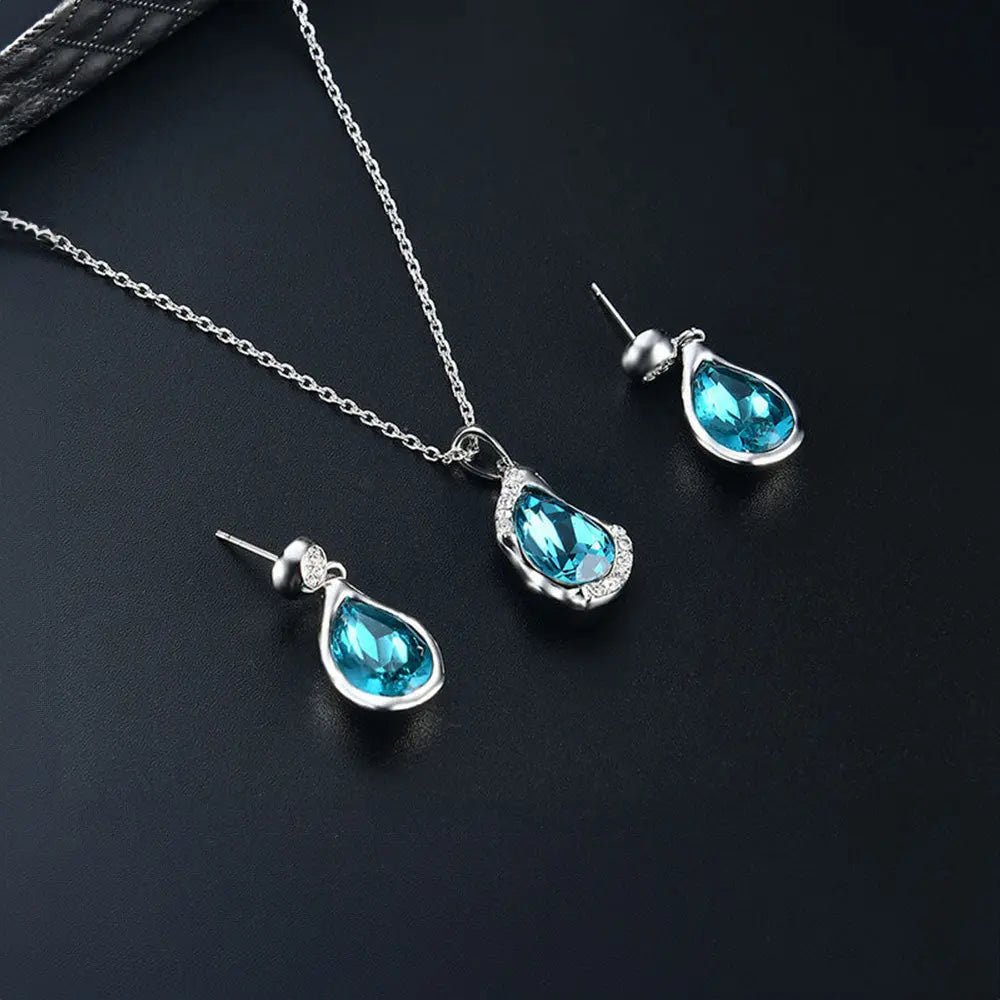 Teardrop Blue Zircon Jewelry – Earrings, Necklace and Ring Set - Gems Ritual
