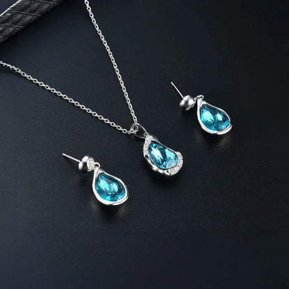 Elegant Teardrop Gemstone Pendant and Blue Zircon Earrings with Silver Necklace Gems Ritual