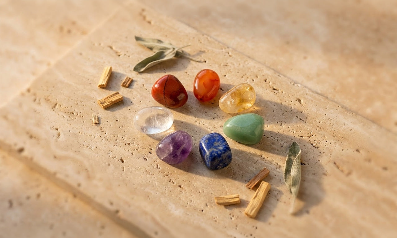 A set of chakra balancing tools made from natural gemstones, ideal for meditation, Reiki, and spiritual healing. Includes colorful stones representing the seven chakras.