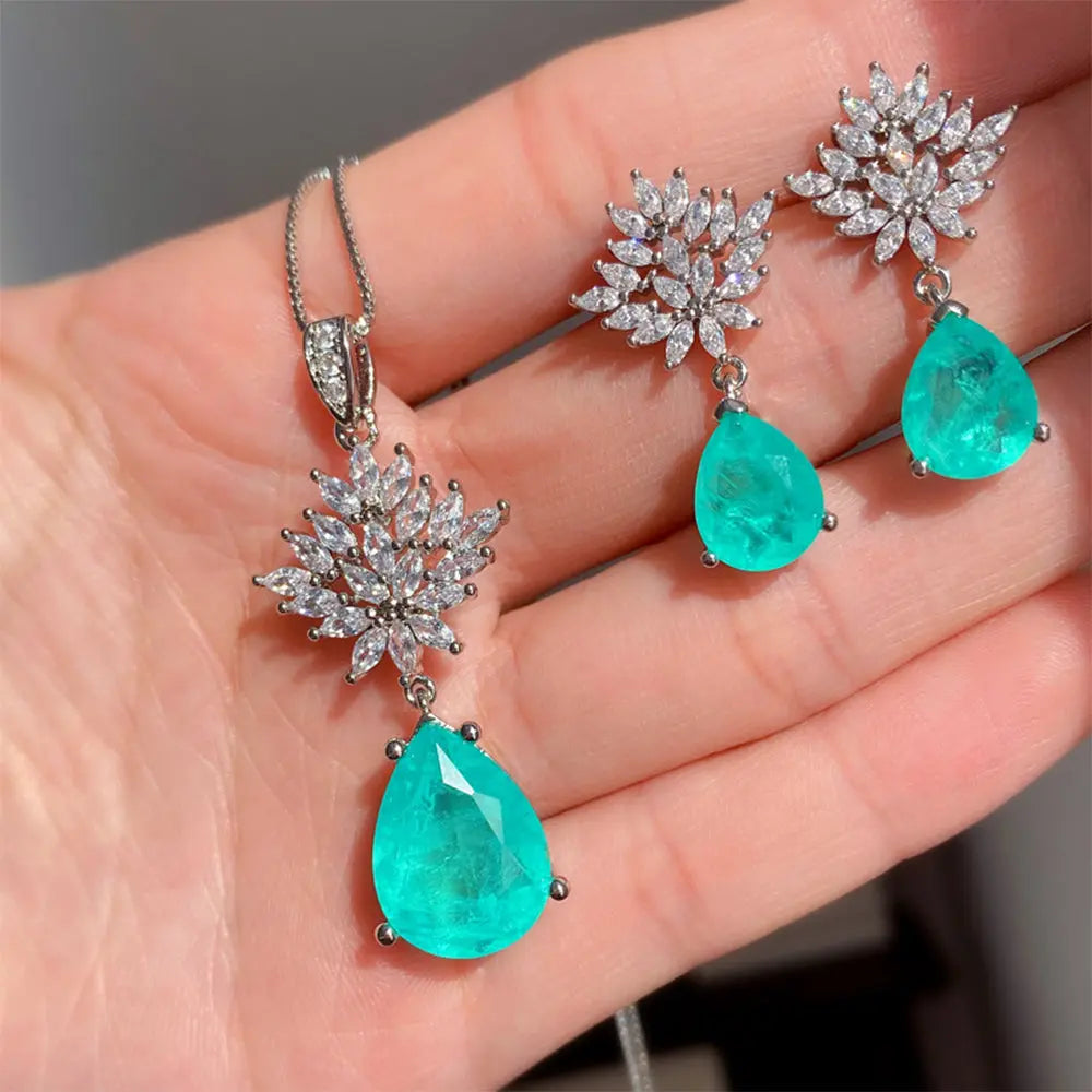 Sparkling Turquoise Jewelry Set – Zircon Floral Elegance - Gems Ritual