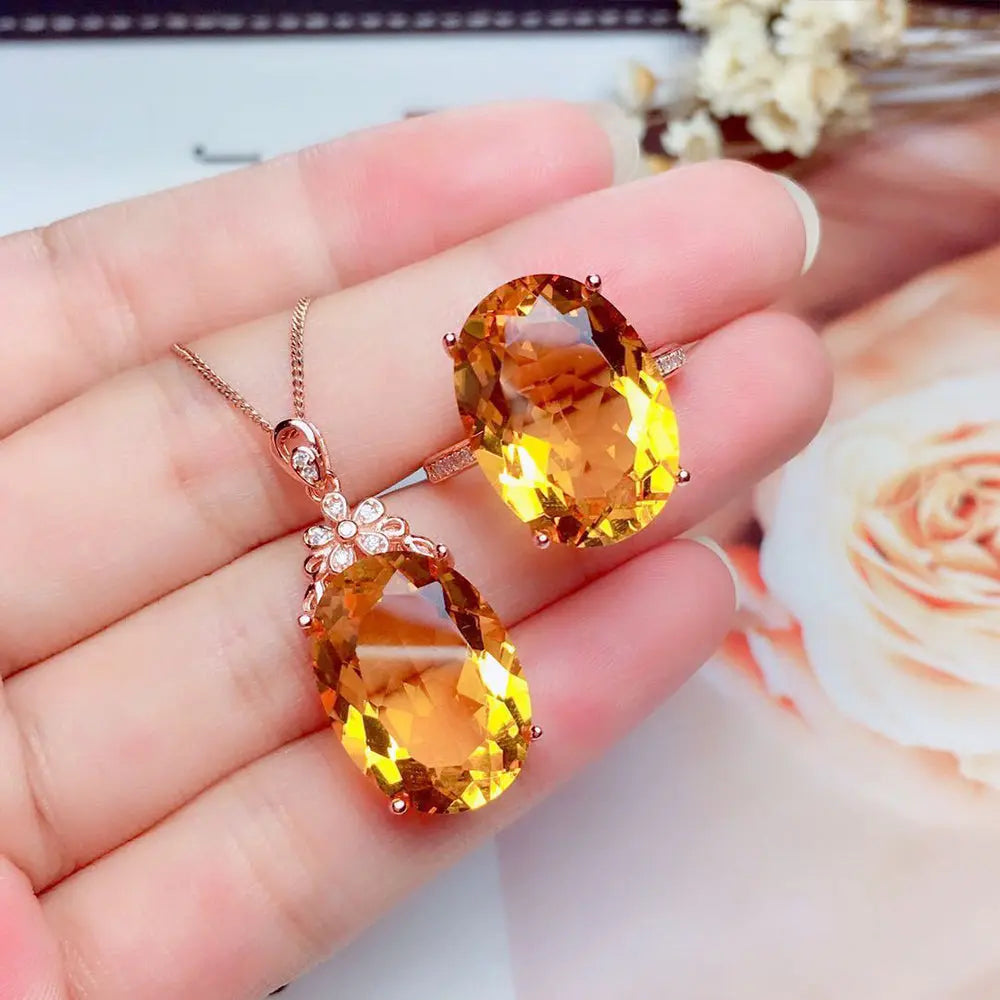 Citrine Gemstone Inlay Pendant Necklace Set Gems Ritual