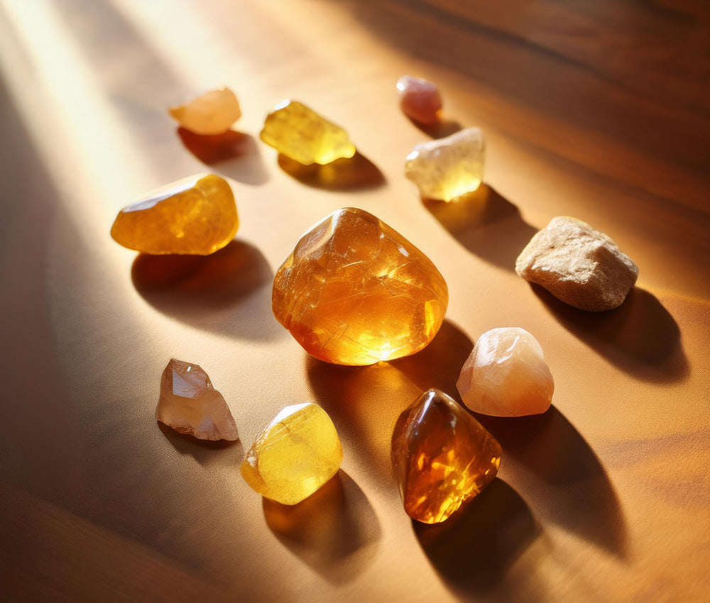 Citrine stones placed on a clean surface with warm lighting, emphasizing their connection to the Solar Plexus and Sacral Chakras.