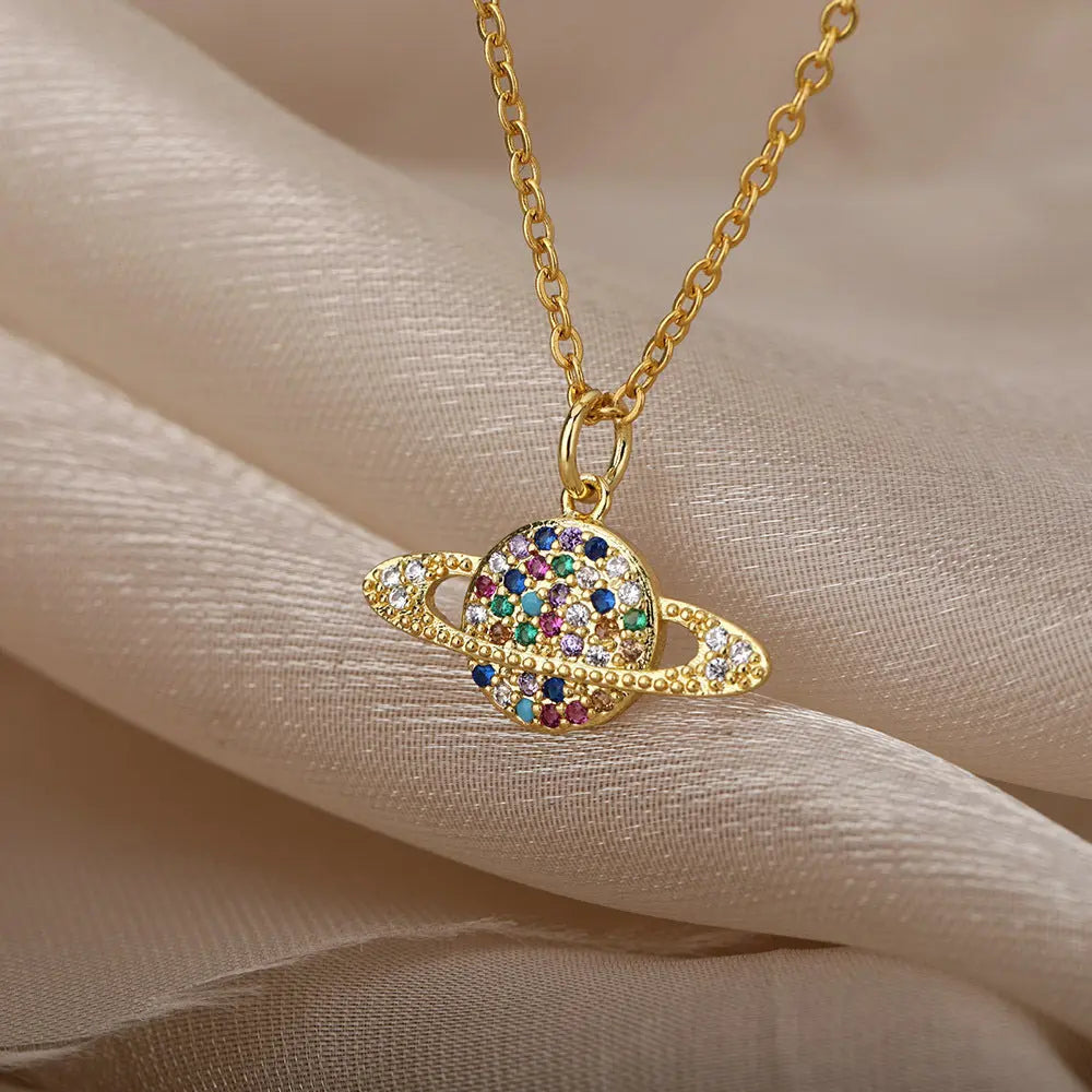 Micro-Set Zircon Necklace – Cosmic Multicolored Jewelry with Gold Finish Gems Ritual