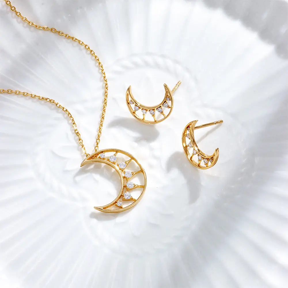 Moon Goddess Jewelry Set: White Zircon Necklace & Crescent Moon Earrings Gems Ritual