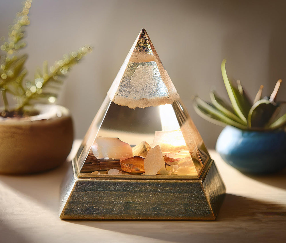 Orgonite on a clean surface, highlighting its connection to the Root, Heart, and Crown Chakras for grounding, emotional healing, and spiritual awareness.