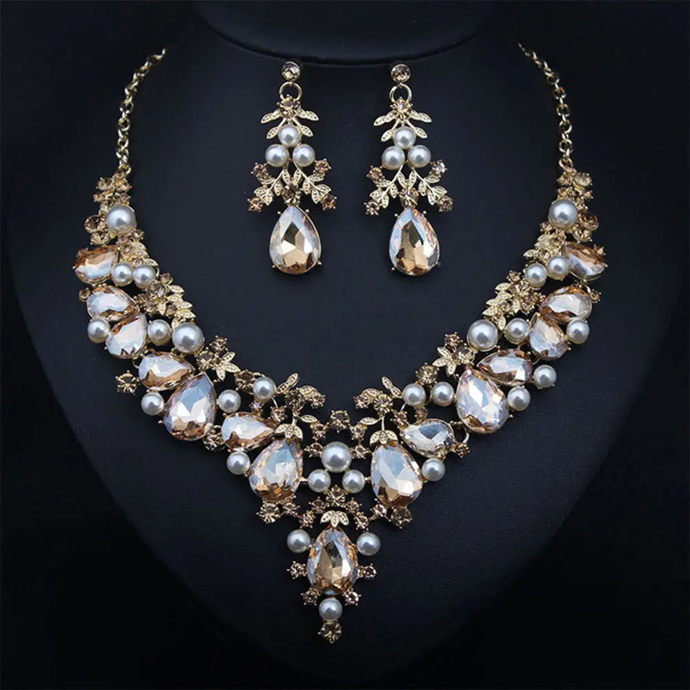 Opulent Crystal Pearl Necklace and Teardrop Gemstone Necklace Set Gems Ritual