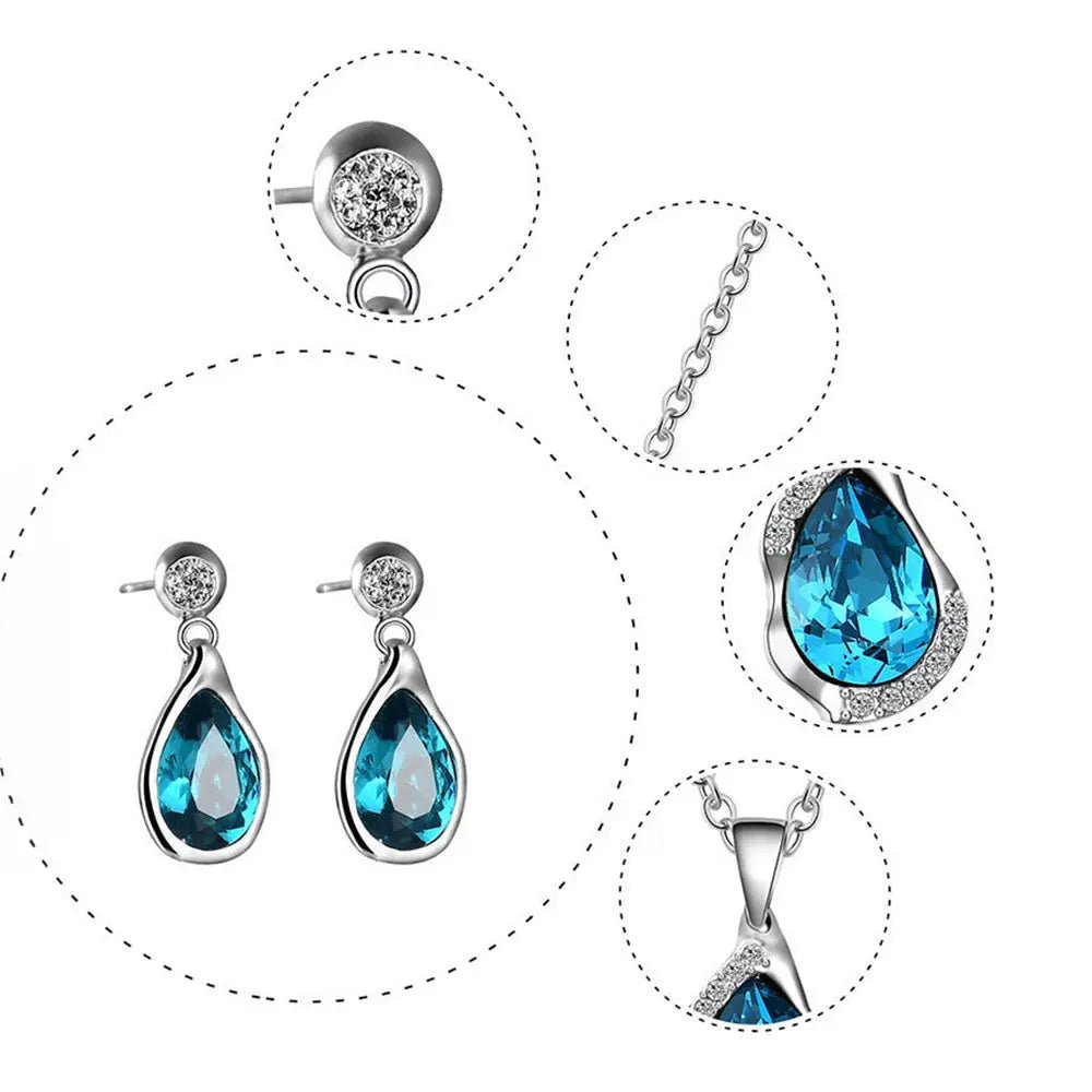 Teardrop Blue Zircon Jewelry – Earrings, Necklace and Ring Set - Gems Ritual