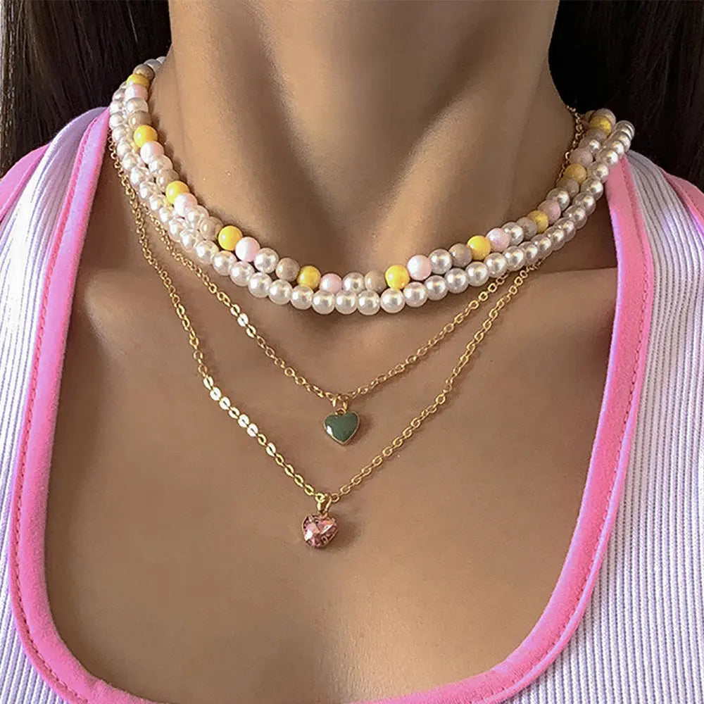 Dainty Pearl and Heart Pendant Multilayer Necklace Set Gems Ritual