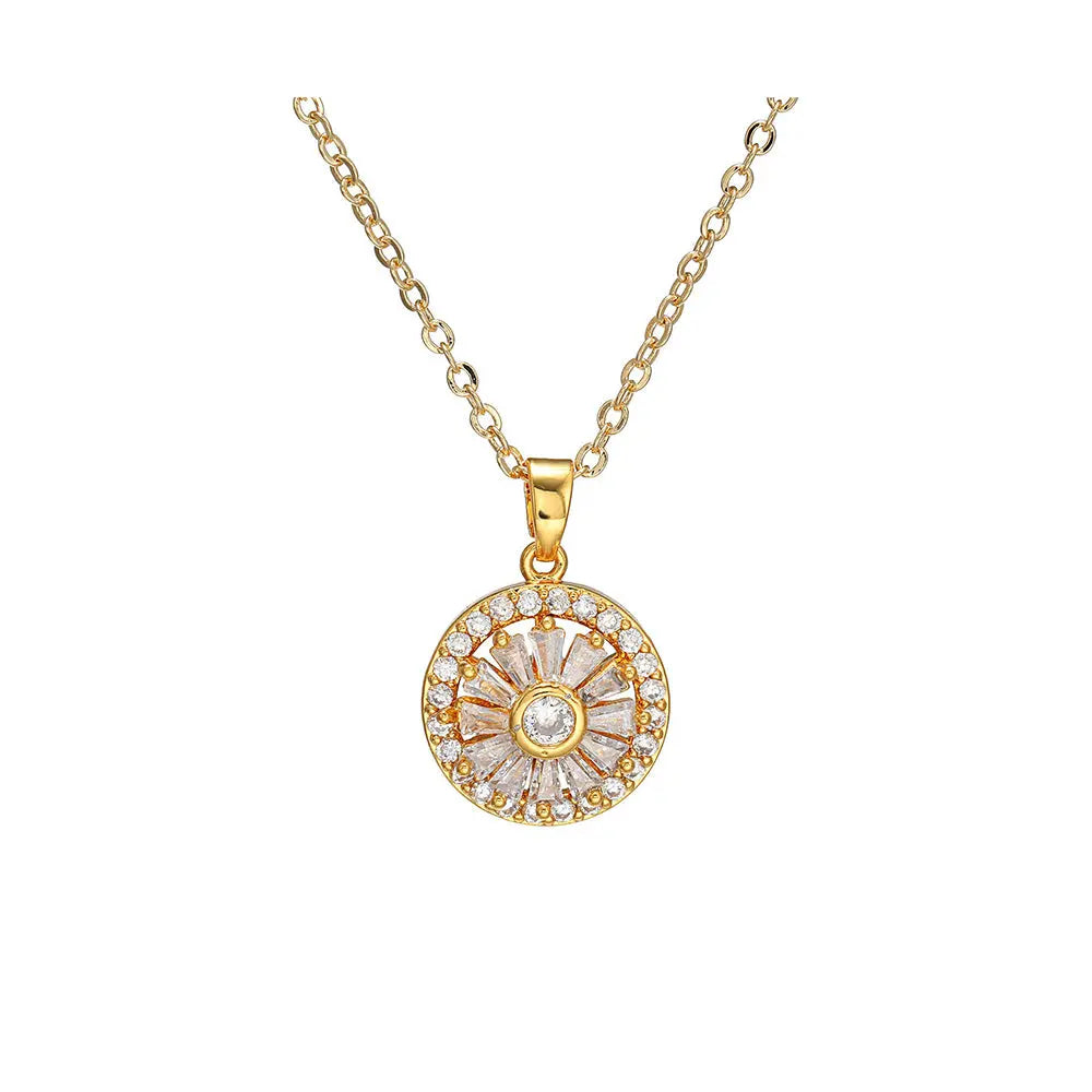 Elegant Sunburst Zircon Pendant Necklace – Gold-Plated Chain Design - Gems Ritual