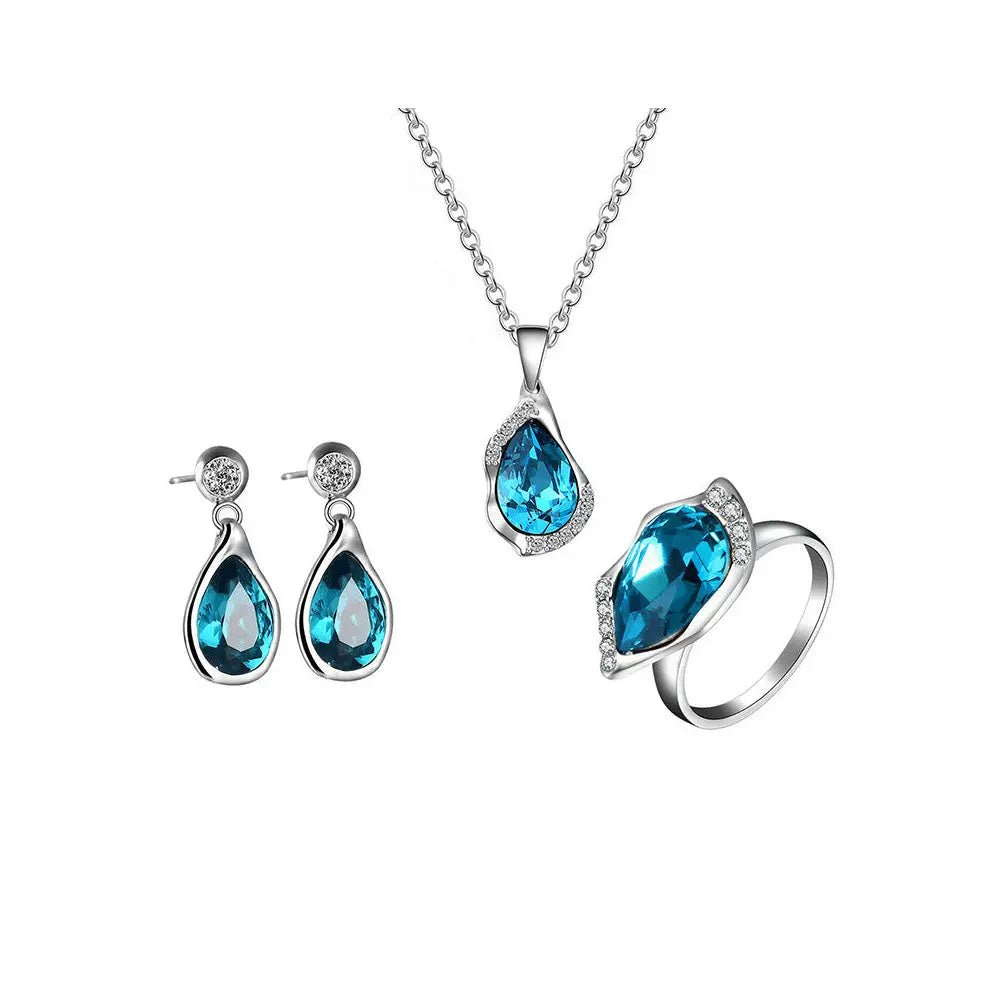 Teardrop Blue Zircon Jewelry – Earrings, Necklace and Ring Set - Gems Ritual