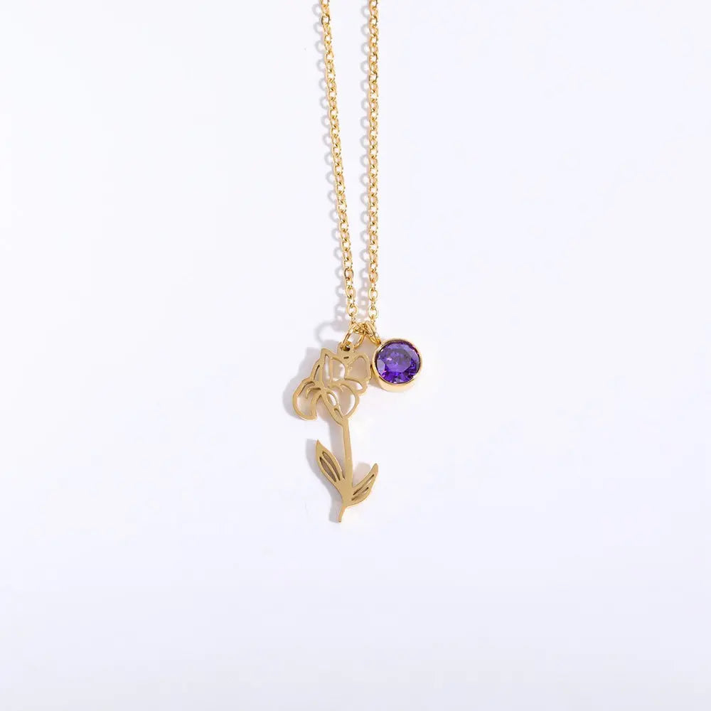Personalized Birthstone Necklace – Elegant Zircon Flower Pendant Gems Ritual
