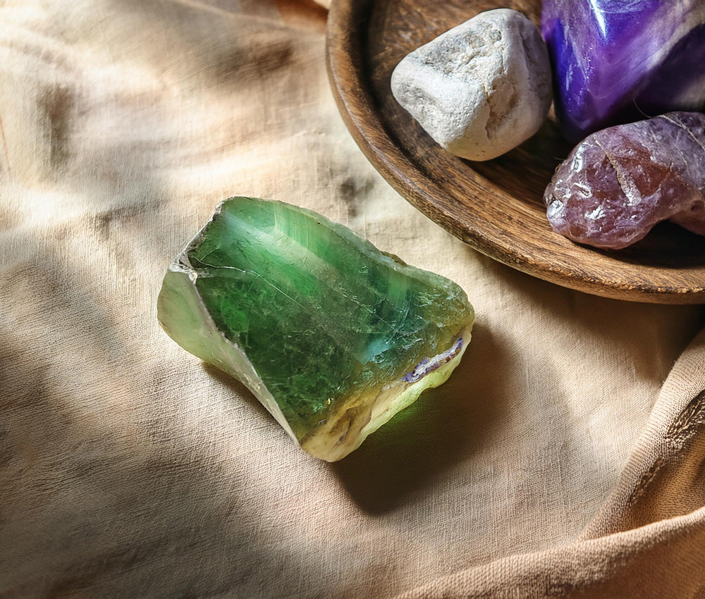 Fluorite stones in varying colors on a textured surface, symbolizing creativity, protection, and transformation.