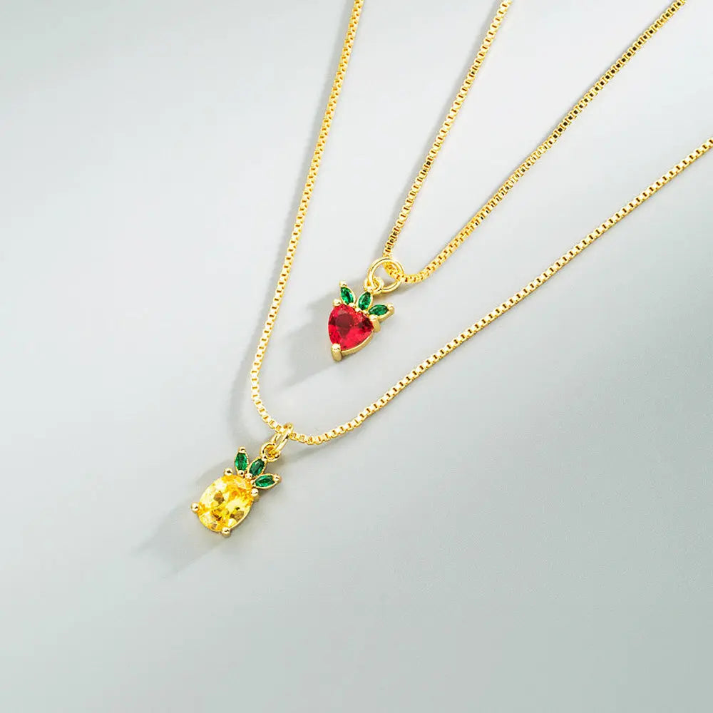 Tropical Fruit Zircon Jewelry Set – Strawberry and Pineapple Design - Gems Ritual