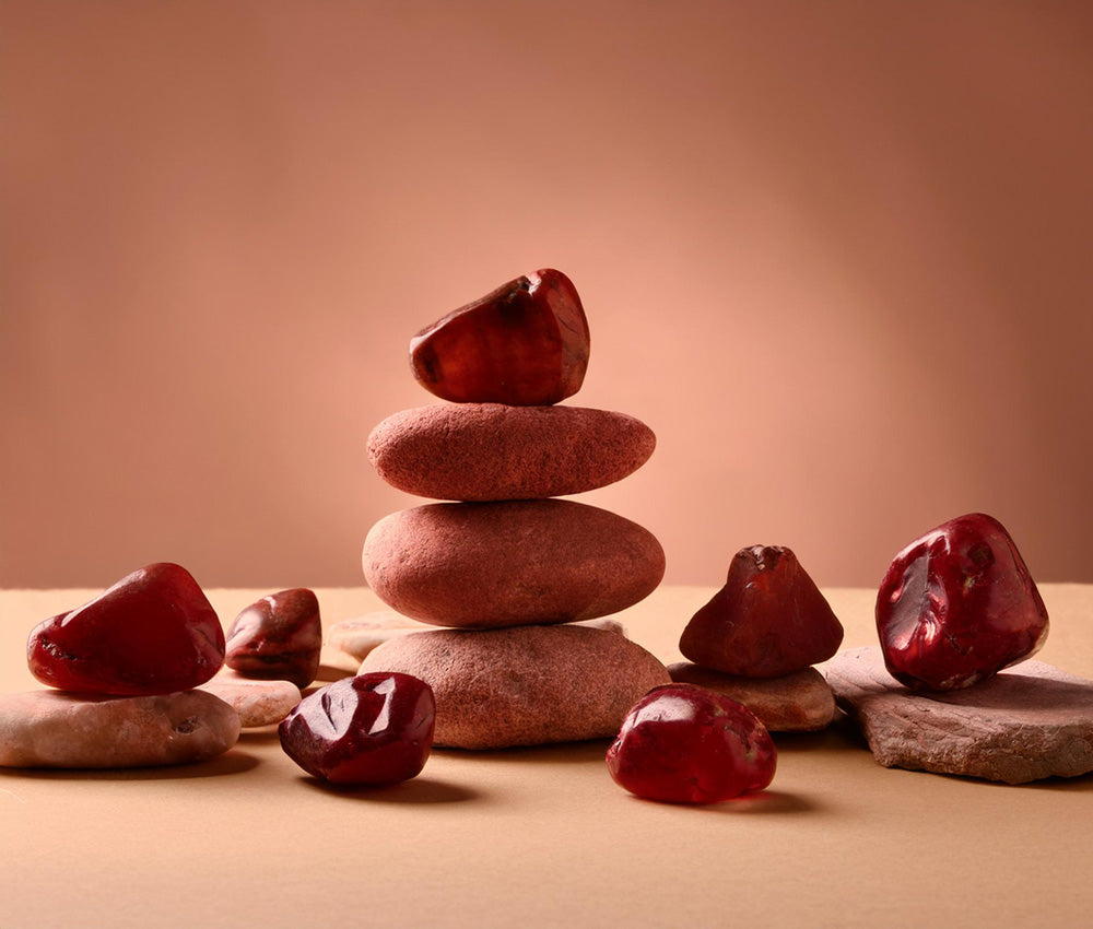 Garnet stones on a neutral background, emphasizing their connection to the Root and Heart Chakras for grounding and emotional healing.