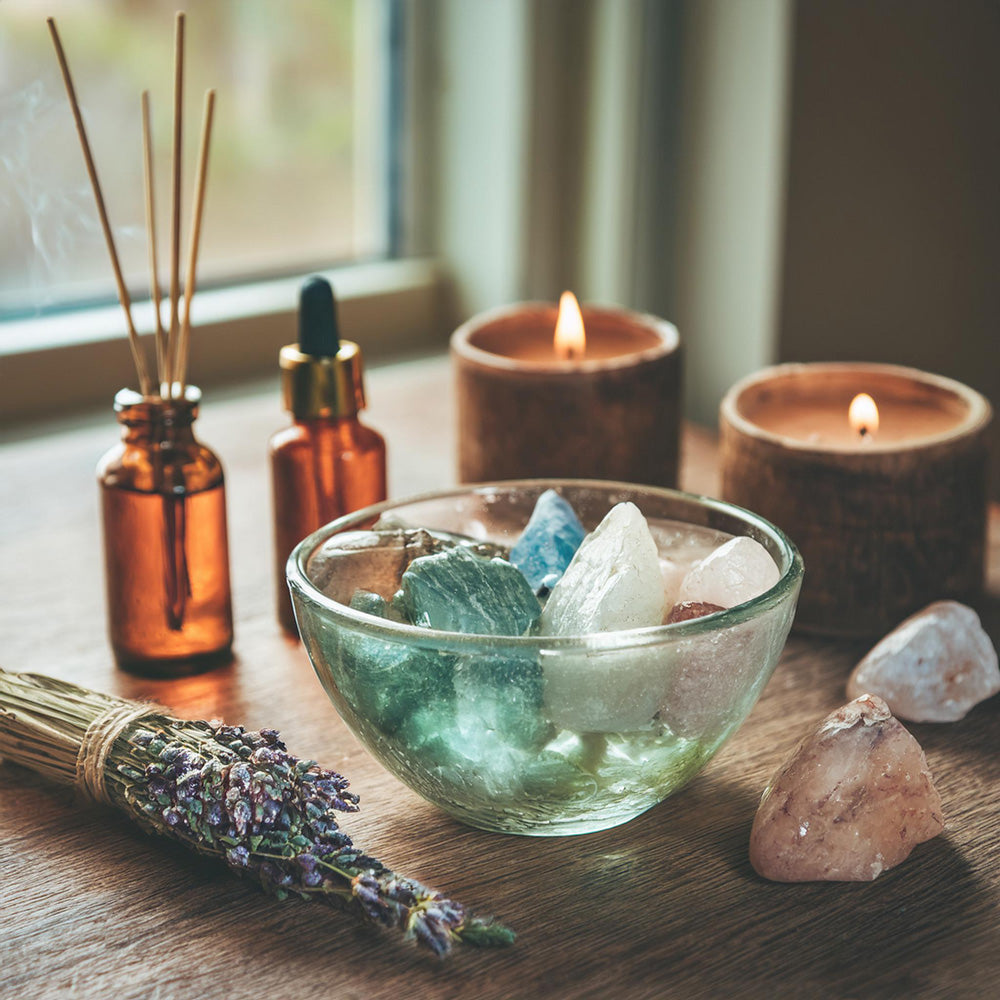 A serene setup featuring gemstones in a glass bowl, candles, and essential oils for energy cleansing rituals.