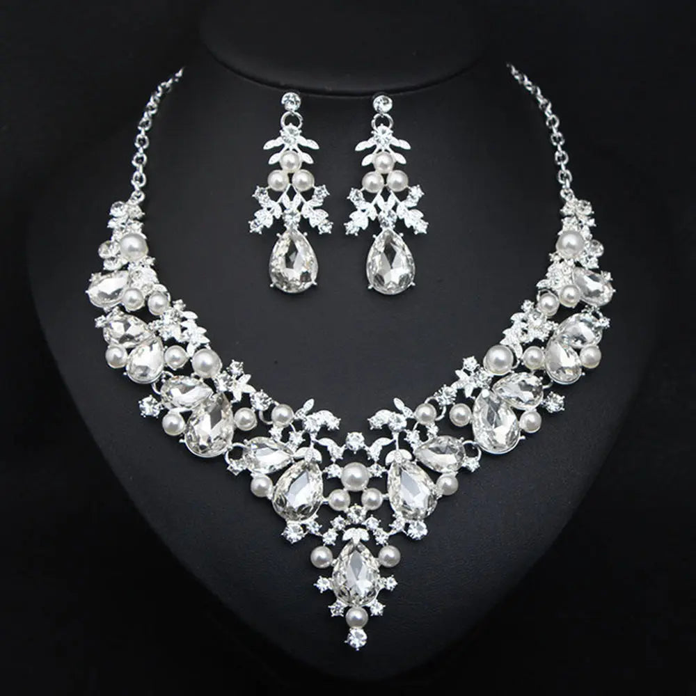 Opulent Crystal Pearl Necklace and Teardrop Gemstone Necklace Set Gems Ritual