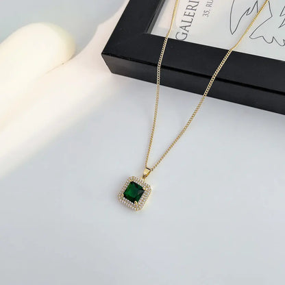 Luxurious Micro-Set Zircon Necklace with Geometric Green Stone Pendant Gems Ritual