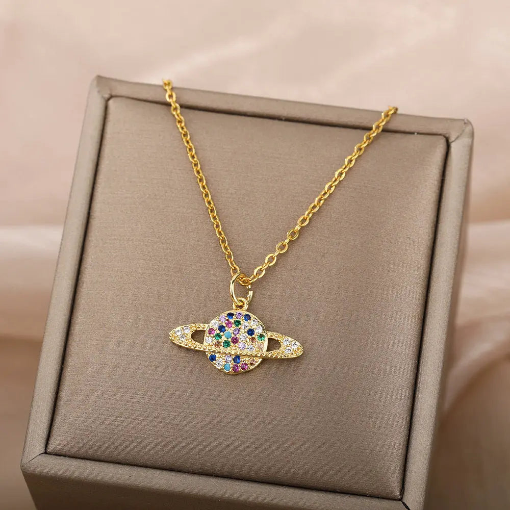 Micro-Set Zircon Necklace – Cosmic Multicolored Jewelry with Gold Finish Gems Ritual