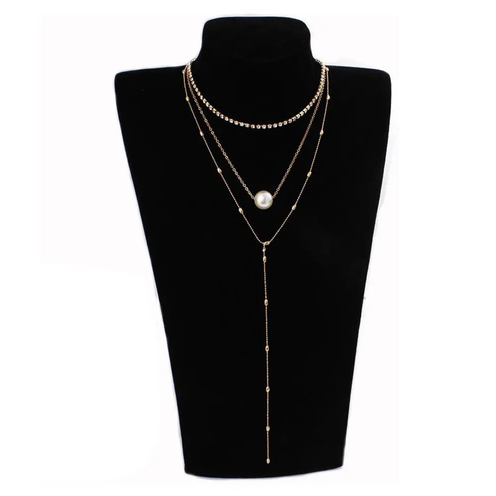 Minimalist Three-Layer Women's Necklace Set with Pearl and Crystal Pendant Gems Ritual