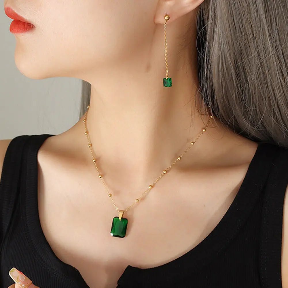 Emerald Zircon Pendant Necklace & Green Zircon Jewelry Set - Gems Ritual