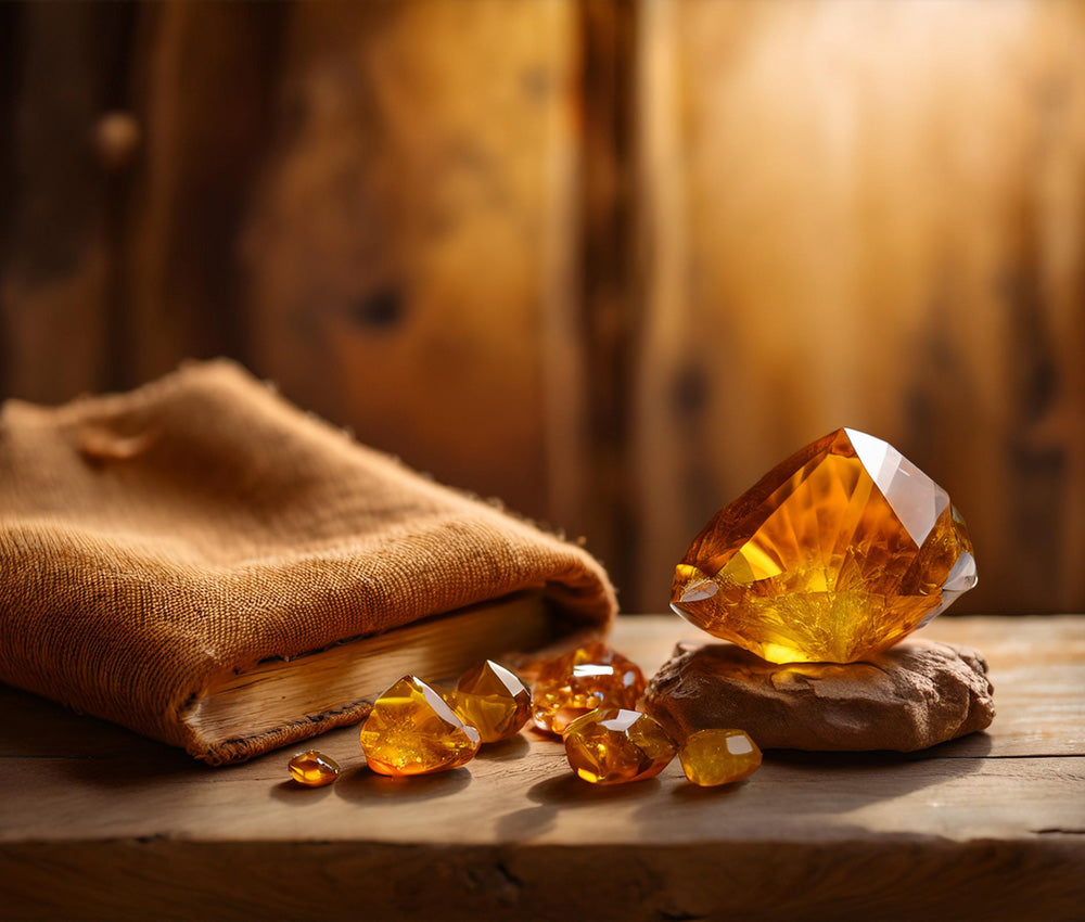 Citrine stones with golden hues on a natural surface, symbolizing vitality, wealth, and warmth with subtle historical references.