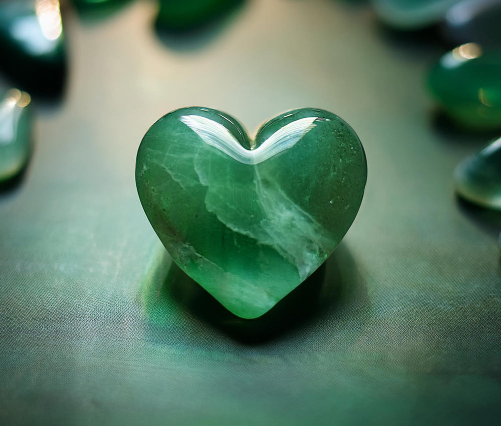 Green aventurine stones on a smooth surface, highlighting their connection to the Heart Chakra and emotional healing.