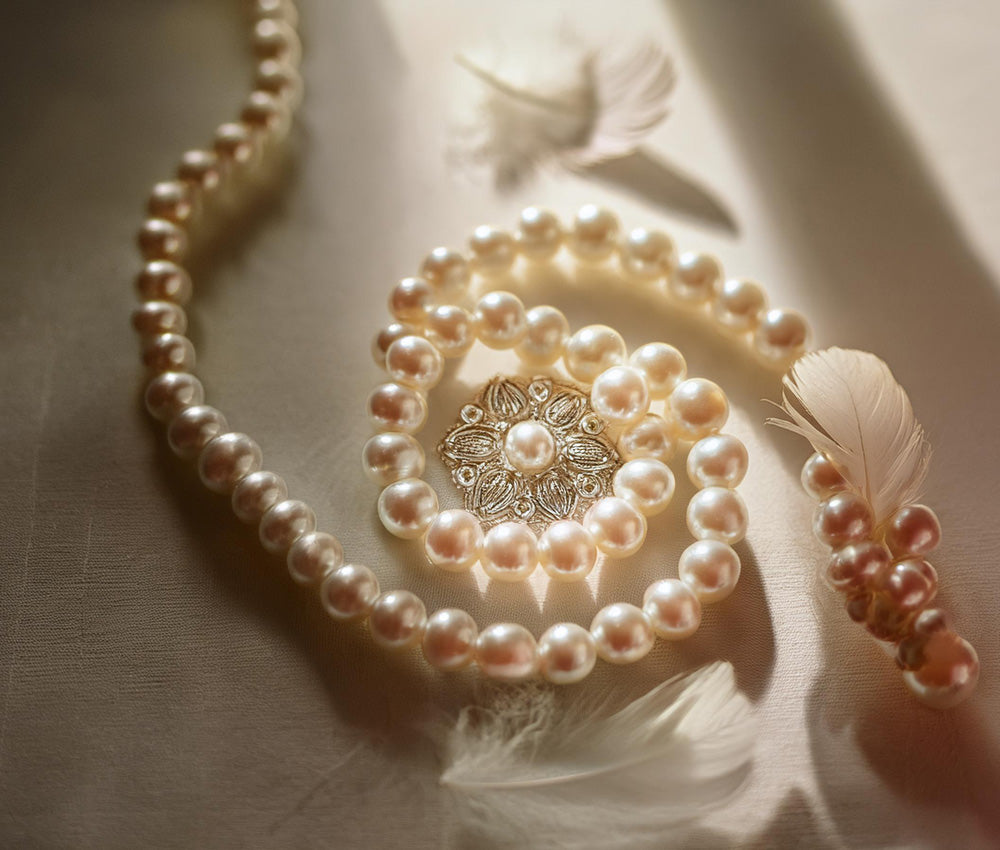 Pearls on a neutral surface, emphasizing their connection to the Crown Chakra for spiritual clarity and harmony.