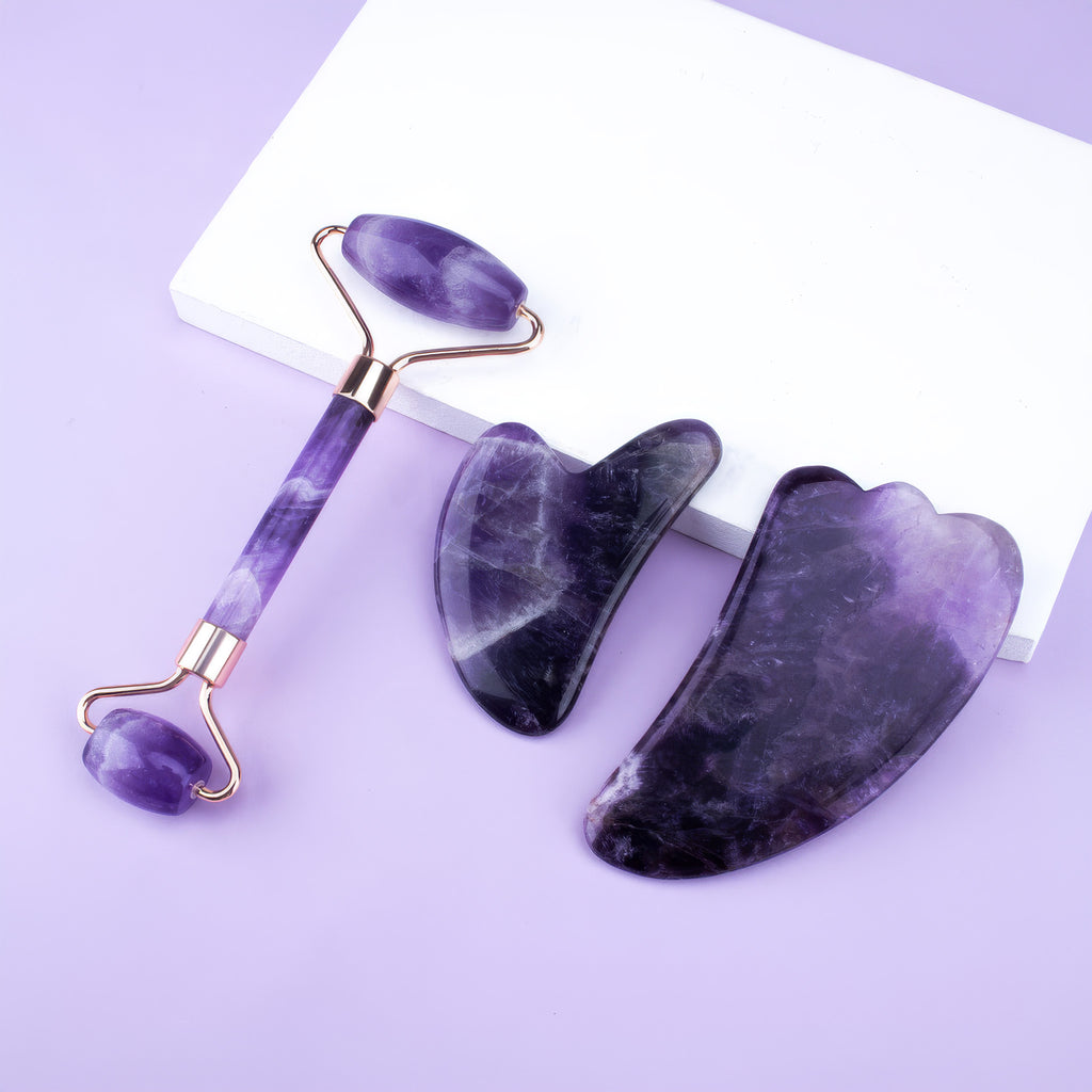 Premium Amethyst Face Roller & Scraping Tool Kit Gems Ritual