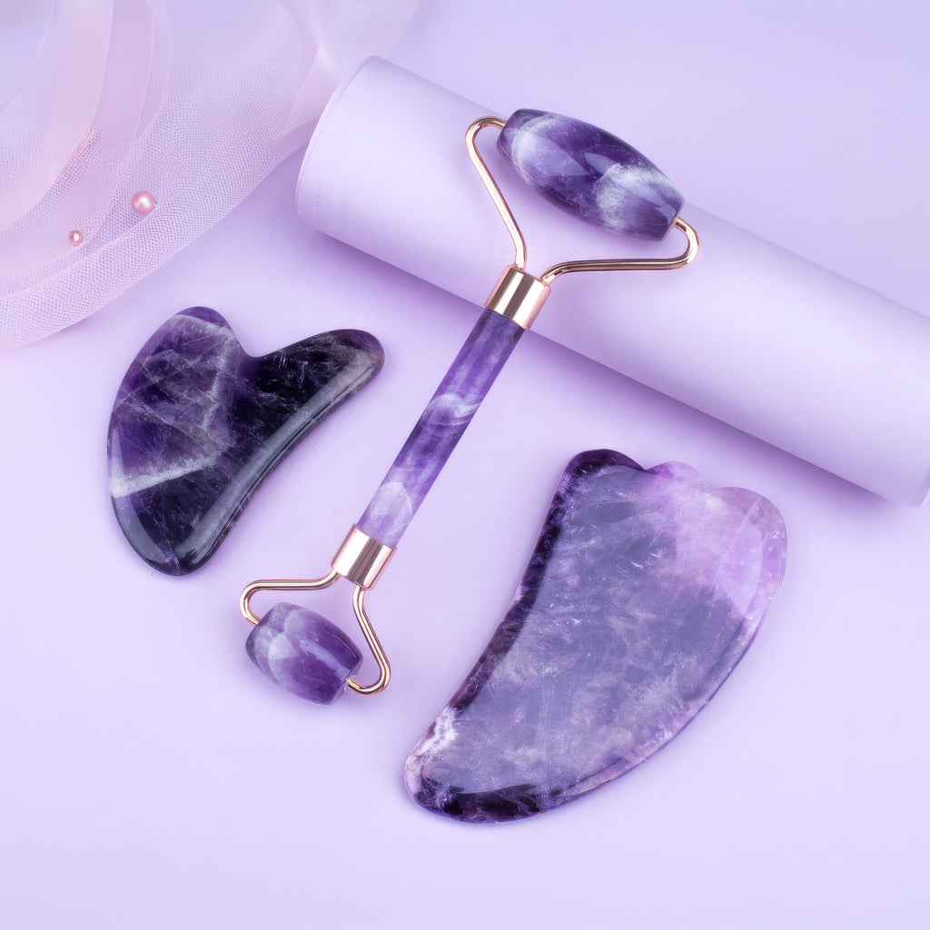 Premium Amethyst Face Roller & Scraping Tool Kit Gems Ritual