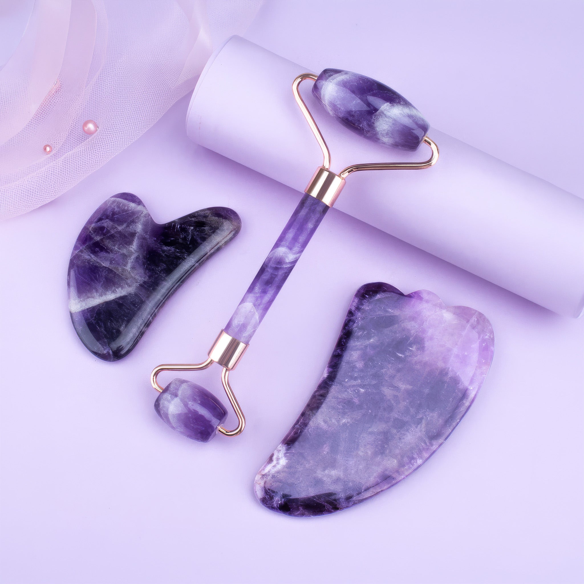 Premium Amethyst Face Roller & Scraping Tool Kit Gems Ritual