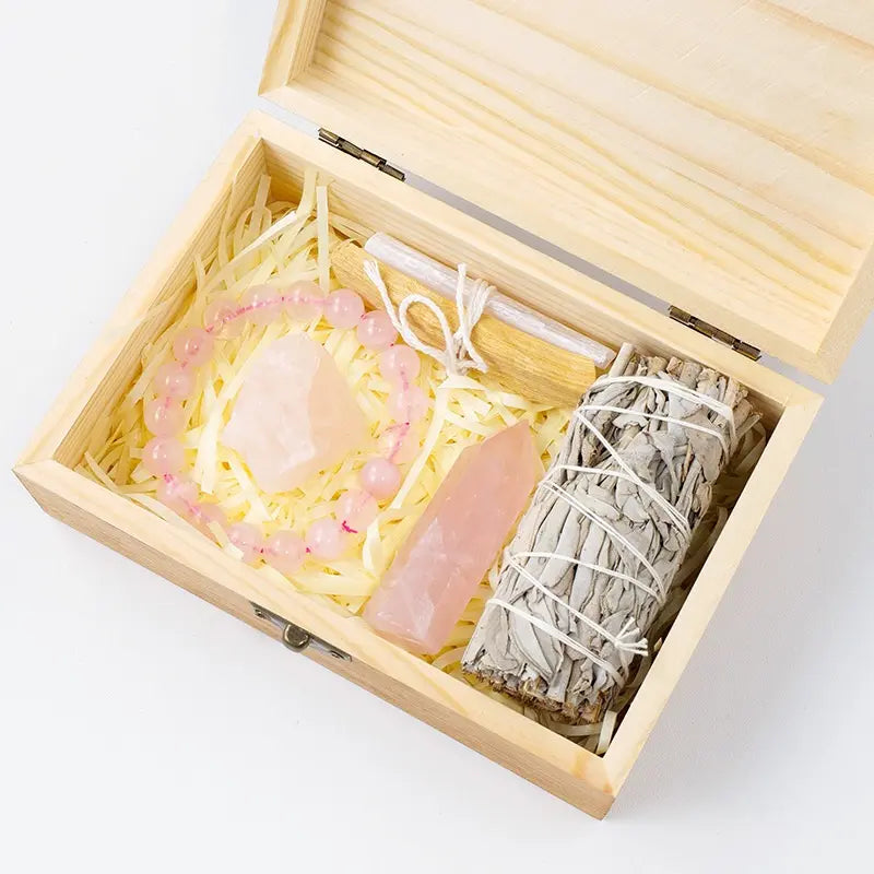 Mystical Healing Crystal Box with Amethyst and Rose Quartz Essentials - Gems Ritual