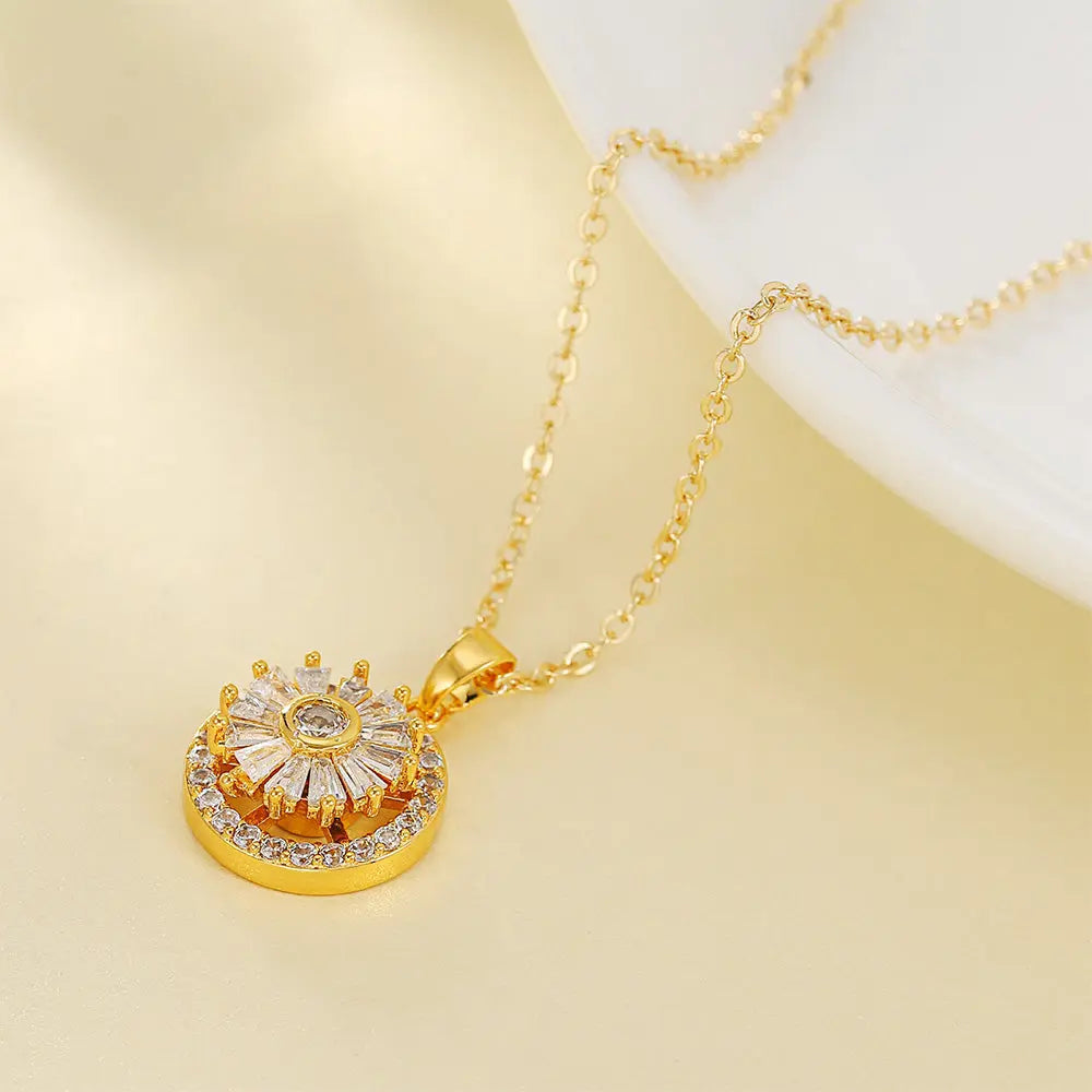 Elegant Sunburst Zircon Pendant Necklace – Gold-Plated Chain Design - Gems Ritual
