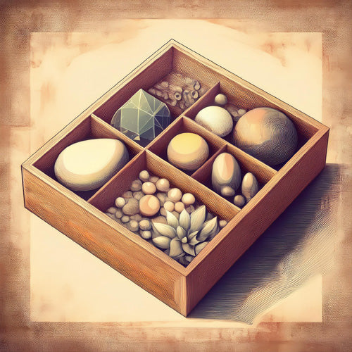 Wooden box filled with assorted natural stones and crystals, designed for spiritual rituals and balance