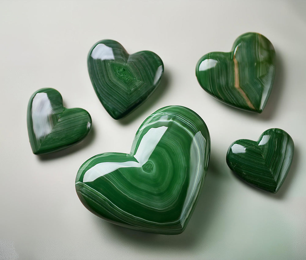 Malachite stones on a light surface, highlighting their connection to the Heart and Third Eye Chakras for love, intuition, and harmony.