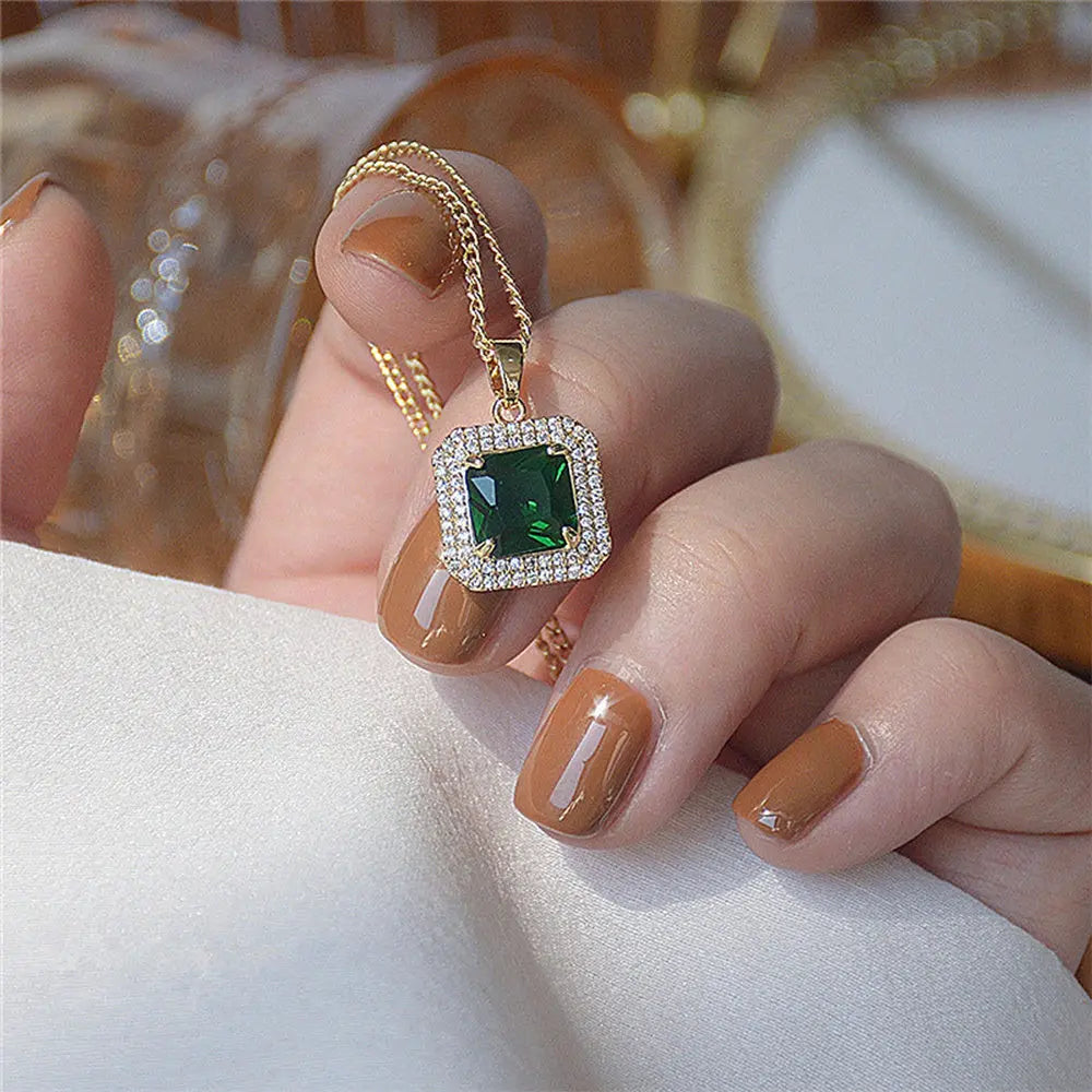 Luxurious Micro-Set Zircon Necklace with Geometric Green Stone Pendant Gems Ritual