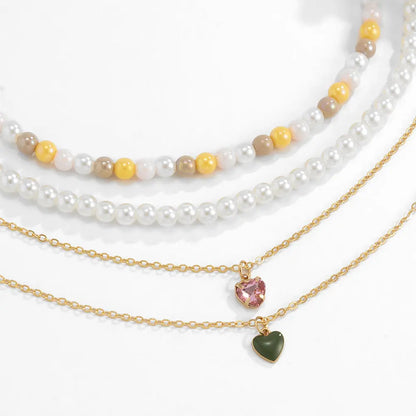 Dainty Pearl and Heart Pendant Multilayer Necklace Set Gems Ritual