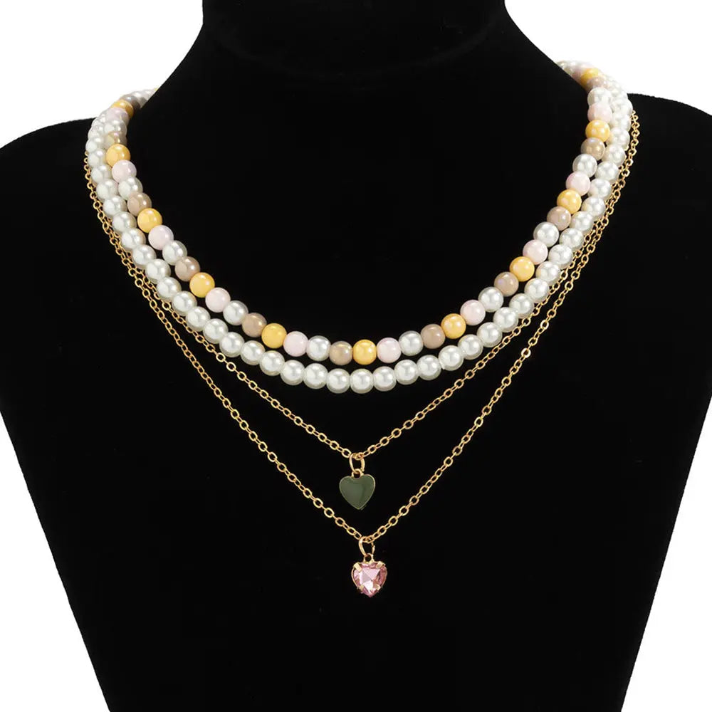 Dainty Pearl and Heart Pendant Multilayer Necklace Set Gems Ritual