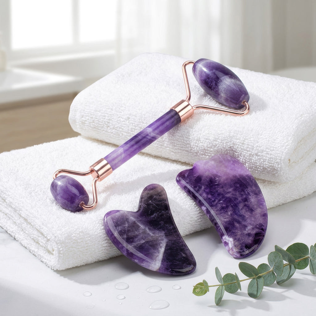Premium Amethyst Face Roller & Scraping Tool Kit Gems Ritual