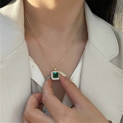 Luxurious Micro-Set Zircon Necklace with Geometric Green Stone Pendant Gems Ritual