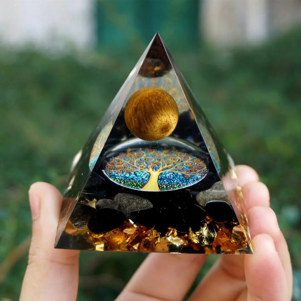 Crystal Orgonite Energy Pyramid – Reiki Infused Chakra Healing Decor Gems Ritual